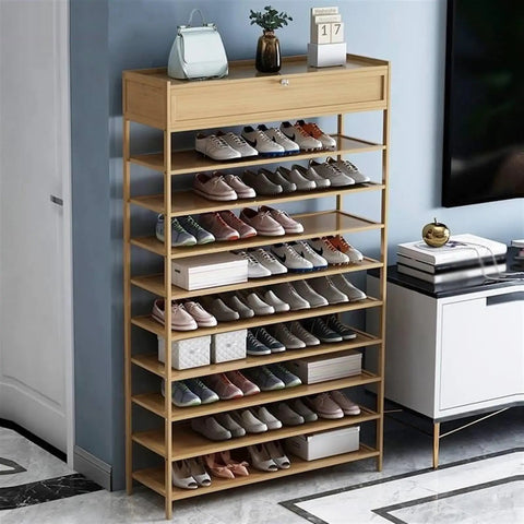 10 Tier Vertical Shoe Rack With Top Storage Box For Closets Narrow Profile, wooden design with various shoes organized, space-saving