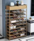 10 Tier Vertical Shoe Rack With Top Storage Box Narrow Shoe Storage Organizer For Entryway Hallway Closet Holds 45 Pairs Womens Kicks In Massive Capacity Design That Is A Total Game Changer For Your Space, displaying footwear organization.