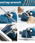 7 Piece HSS Thread Tap Set With Adjustable Tap Wrench, Metric Taps From M3 To M12 shown in use on blue vise for threading
