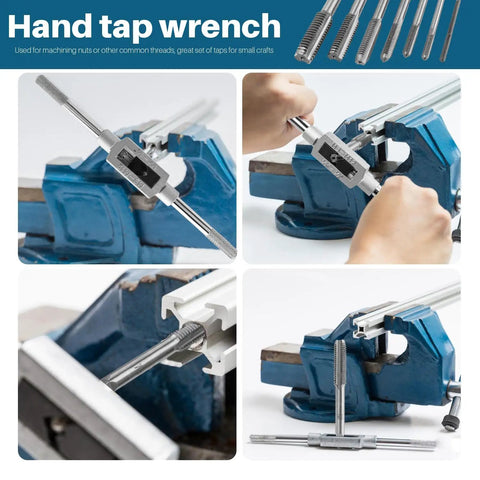 7 Piece HSS Thread Tap Set With Adjustable Tap Wrench, Metric Taps From M3 To M12 shown in use on blue vise for threading