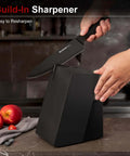 15 Piece Kitchen Knife Set With Built In Sharpener Block German Stainless Steel Blades in use with black wood block on counter