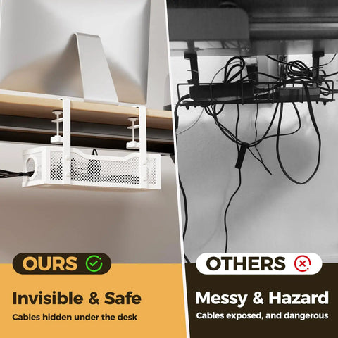 Comparison of white clamp-on under desk cable management tray in use versus messy cables without organizer