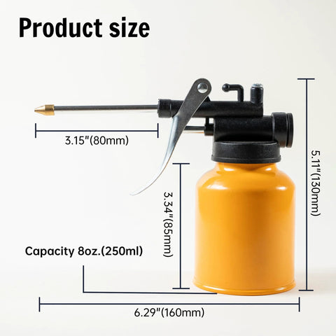 VIREYA metal hand pump oiler with MetalFlex spout, orange bottle, 8 oz (250 ml) capacity