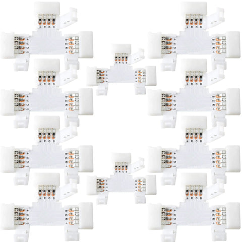 T Shape 4 Pin LED Connector Kit, Plug And Play Ready, 10 Pack 10mm Wide Unwired Solderless Gapless Adapters