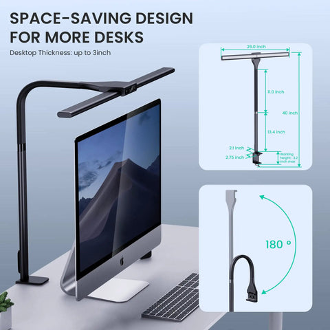 Lit 26 Inch LED Desk Lamp For Home Office With Wide Beam And Flexible 180 Degree Gooseneck Clamp Light next to monitor