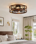 Bladeless Flush Mount Ceiling Fan With Lights 20 Inch Cage Style Remote Control Rustic Low Profile Enclosed Farmhouse