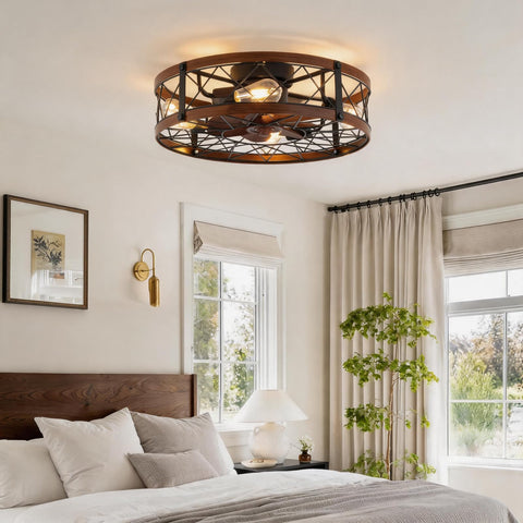 Bladeless Flush Mount Ceiling Fan With Lights 20 Inch Cage Style Remote Control Rustic Low Profile Enclosed Farmhouse