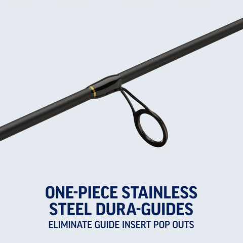 Close-up of Battle IV 8 Ft Spinning Rod And Reel Combo Kit stainless steel guide on graphite composite rod for saltwater fishing