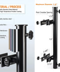 Diagram of Heavy Duty 304 Stainless Steel Patio Umbrella Holder with dimensions and material layers, black base and bracket design.