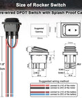 Diagram of a pre-wired DPDT momentary switch with splash-proof cap, including size and wiring method; ideal for the Mini Electric Linear Actuator 2 Inch Stroke.