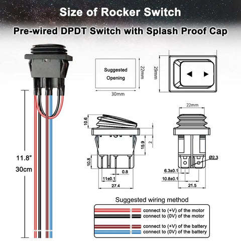 Diagram of a pre-wired DPDT momentary switch with splash-proof cap, including size and wiring method; ideal for the Mini Electric Linear Actuator 2 Inch Stroke.