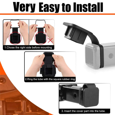Step-by-step guide showing installation of 2 Inch Trailer Hitch Cover Plug Cap For Universal 2x2 Receiver Tubes for trucks and SUVs.