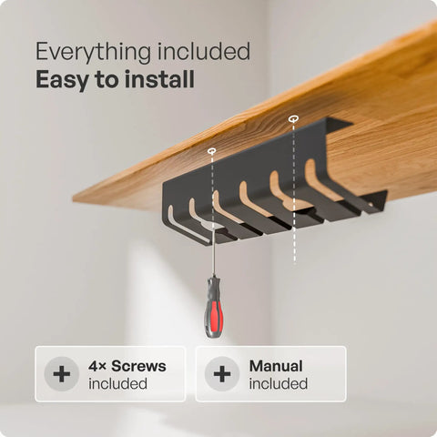 Under Desk Cable Management Tray Set Of 2 With 10 Cable Ties Easy Mount shown installed under a wood table with screws and manual included