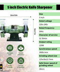 5 inch electric knife sharpener with dual wheels, safety shields, and compact design for efficient sharpening.