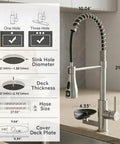 Kitchen Faucet with Glass Rinser & LED Temperature, Pull Down Sprayer dimensions and installation details, showcasing size and specifications.