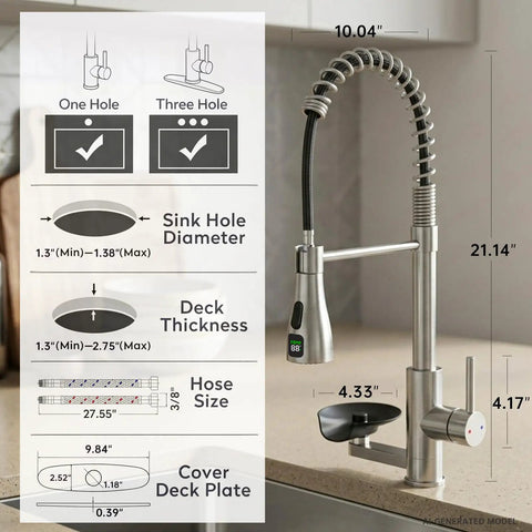 Kitchen Faucet with Glass Rinser & LED Temperature, Pull Down Sprayer dimensions and installation details, showcasing size and specifications.