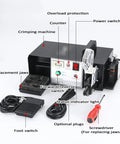 Heavy Duty Three In One Electric Terminal Crimping Machine With Foot Switch And Seven Dies For Stripping Cutting Copper Wire High Output, showing controls and accessories.