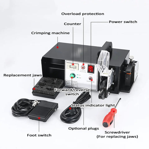 Heavy Duty Three In One Electric Terminal Crimping Machine With Foot Switch And Seven Dies For Stripping Cutting Copper Wire High Output, showing controls and accessories.