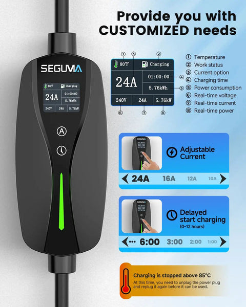 Road Ready Heavy Duty Level One And Two Electric Vehicle Wall Charger With Nema 14 30 Plug And J1772 Connector display showing charging details.