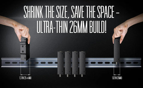 Hands install Multimode Fiber Media Converter and Gigabit Switch on DIN rail, showcasing compact 26mm form factor.