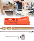 Hella Precise Pocket Hole Jig Kit With Metal Step Drill Bit And Hex Wrench Plus Screwdriver displayed on a woodworking table.
