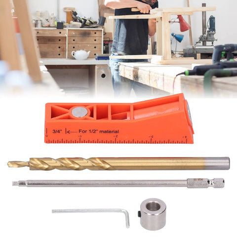 Hella Precise Pocket Hole Jig Kit With Metal Step Drill Bit And Hex Wrench Plus Screwdriver displayed on a woodworking table.