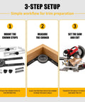 3-step setup workflow for Kickass Crown Molding Jig And Miter Saw Protractor with heavy duty metal stops.