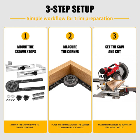 3-step setup workflow for Kickass Crown Molding Jig And Miter Saw Protractor with heavy duty metal stops.