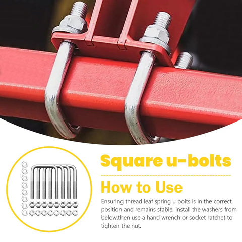 4 Piece 304 Stainless Square U Bolts With Washers And Nuts Kit, visible on a red bracket, showing installation method.