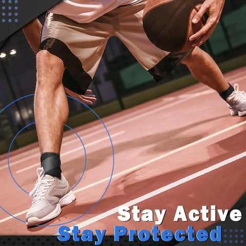 Man playing basketball wearing Breathable Ankle Support Brace 1 Pair Neoprene Compression Sleeve For Sports Injury Recovery.