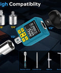 Half Inch Digital Torque Adapter with Color Display and Smart Alerts for Auto Maintenance, 7.5-150 ft-lb range, shown with attachments.