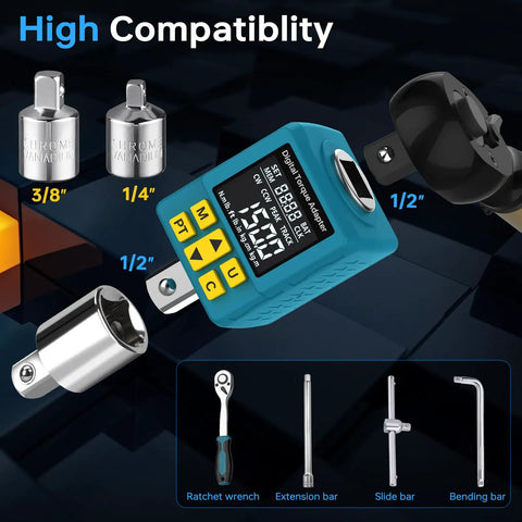 Half Inch Digital Torque Adapter with Color Display and Smart Alerts for Auto Maintenance, 7.5-150 ft-lb range, shown with attachments.