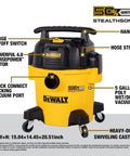 Heavy Duty Silent Beast Mode Five Gallon Wet Dry Shop Vacuum With Stealth Sonic Tech and Powerful Suction for Heavy Garage Cleanouts, featuring 4HP motor and adaptable design.