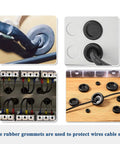 200 Piece Rubber Grommet Set With 7 Sizes For DIY Wiring Electrical And Plumbing Projects, Closed Hole Plugs M7.14 M9.53 M12, in use for wire protection and sealing on panels.