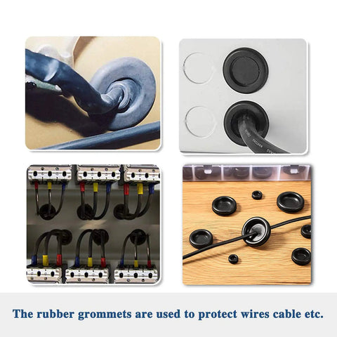 200 Piece Rubber Grommet Set With 7 Sizes For DIY Wiring Electrical And Plumbing Projects, Closed Hole Plugs M7.14 M9.53 M12, in use for wire protection and sealing on panels.
