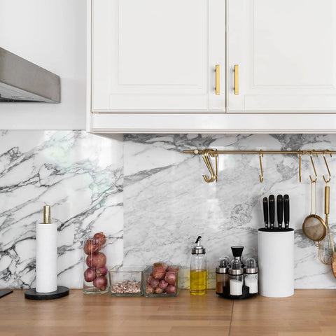 White kitchen cabinets with Gold Brushed Brass Square Cabinet Pulls 2-1/2 Inch Center-to-Center, 4 Inch Overall Length, 10 Pack.
