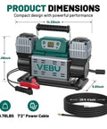 Heavy Duty 12V Air Compressor Tire Inflator With Auto Shut Off Digital Preset 150PSI showing product dimensions and features.