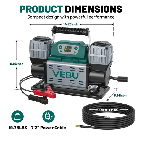 Heavy Duty 12V Air Compressor Tire Inflator With Auto Shut Off Digital Preset 150PSI showing product dimensions and features.
