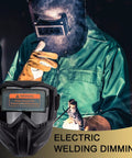Top Shelf Auto Darkening Welding Helmet Full Face Arc Flash Shield Rig With Giant Anti Glare Lens during welding, focused professional.