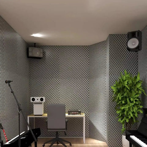 Heavy Duty Sound Proof Padding With Slick Water Resistant Acoustic Foam For Room Noise Cancelling and Super Quick Rebound Egg Crate Wall Panels Easy Peel Stick, in a studio setting.