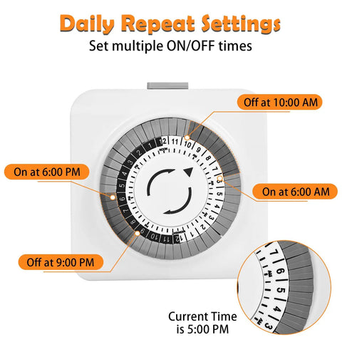 24 Hour Mechanical Outlet Timer With 30 Minute Intervals For Indoor Lights And Fans Daily Automatic Switch No Sweat Programming Plug In Time Switch For Holiday Decor 2 Pack showing daily repeat settings with ON/OFF times.