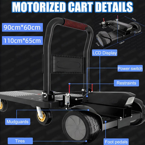 ErShangMao Motorized Flatbed Cart With 900W Dual Brushless Motor, detailed view showing LCD display, restraints, and wheels.