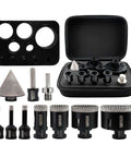DT-DIATOOL diamond tile core drill bit set with 6–65 mm hole saws, 10 mm milling bit, 50 mm chamfer bit in a black case