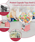 Pink High Capacity Candy Gumball Vending Machine Built Different With Hella Tough Plastic Shell showing top cover lock and colorful capsules.