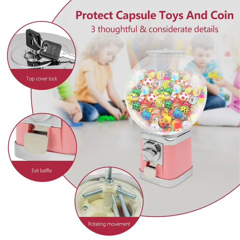 Pink High Capacity Candy Gumball Vending Machine Built Different With Hella Tough Plastic Shell showing top cover lock and colorful capsules.