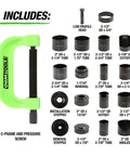 21 Piece Ball Joint Press Kit With Puller And U Joint Adapters for upper and lower ball joints brake pins and more components