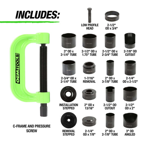 21 Piece Ball Joint Press Kit With Puller And U Joint Adapters for upper and lower ball joints brake pins and more components