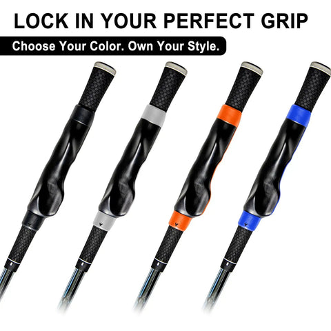 Four Grip Trainer For Golf Clubs Right Hand With Pro Ergonomic Design That Corrects Grip Posture in black, gray, orange, and blue.