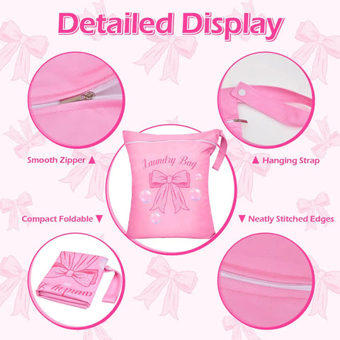 Large Waterproof Travel Laundry Bag Set with Pink Bow, smooth zipper, and hanging strap