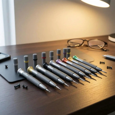 Ultimate 8 Piece Watch Repair Screwdriver Set With Hex Head Metal Shafts And Lightweight Aluminum Body arranged on a wooden table.